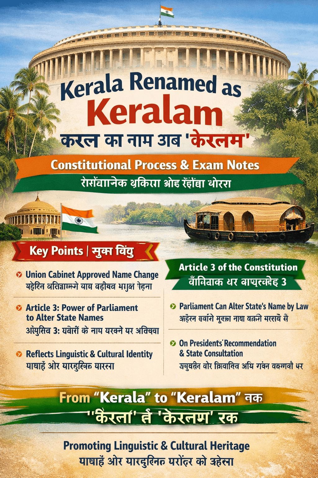"Kerala Renamed as Keralam: Constitutional Process " l  "केरल का नाम अब केरलम: संवैधानिक प्रक्रिया – blog post featured image